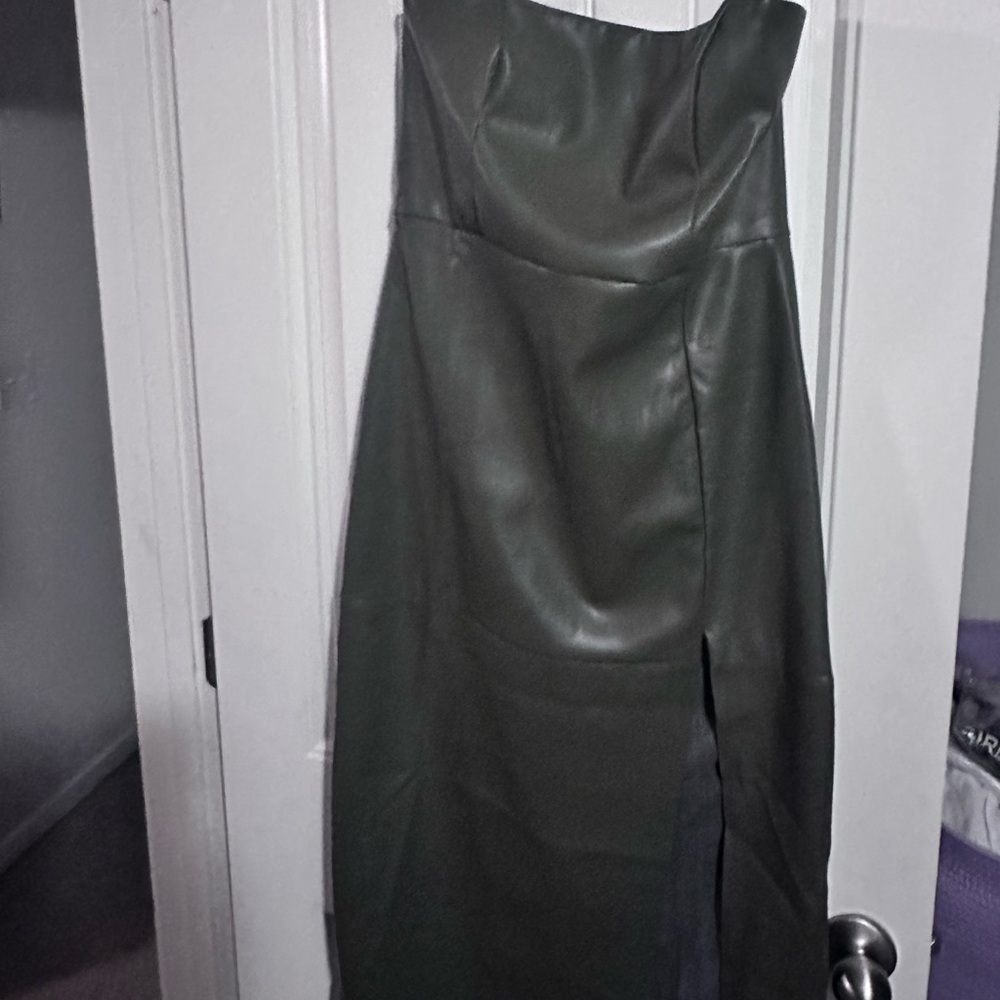 Olive Green leather like strapless dress with high side split